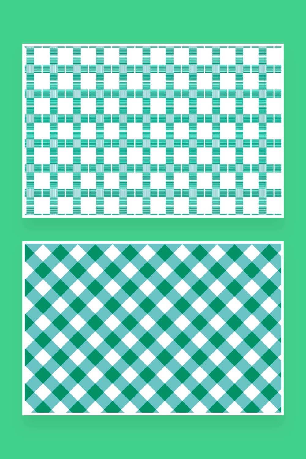 Two pictures of textile seamless patterns, cubes and rhombuses.