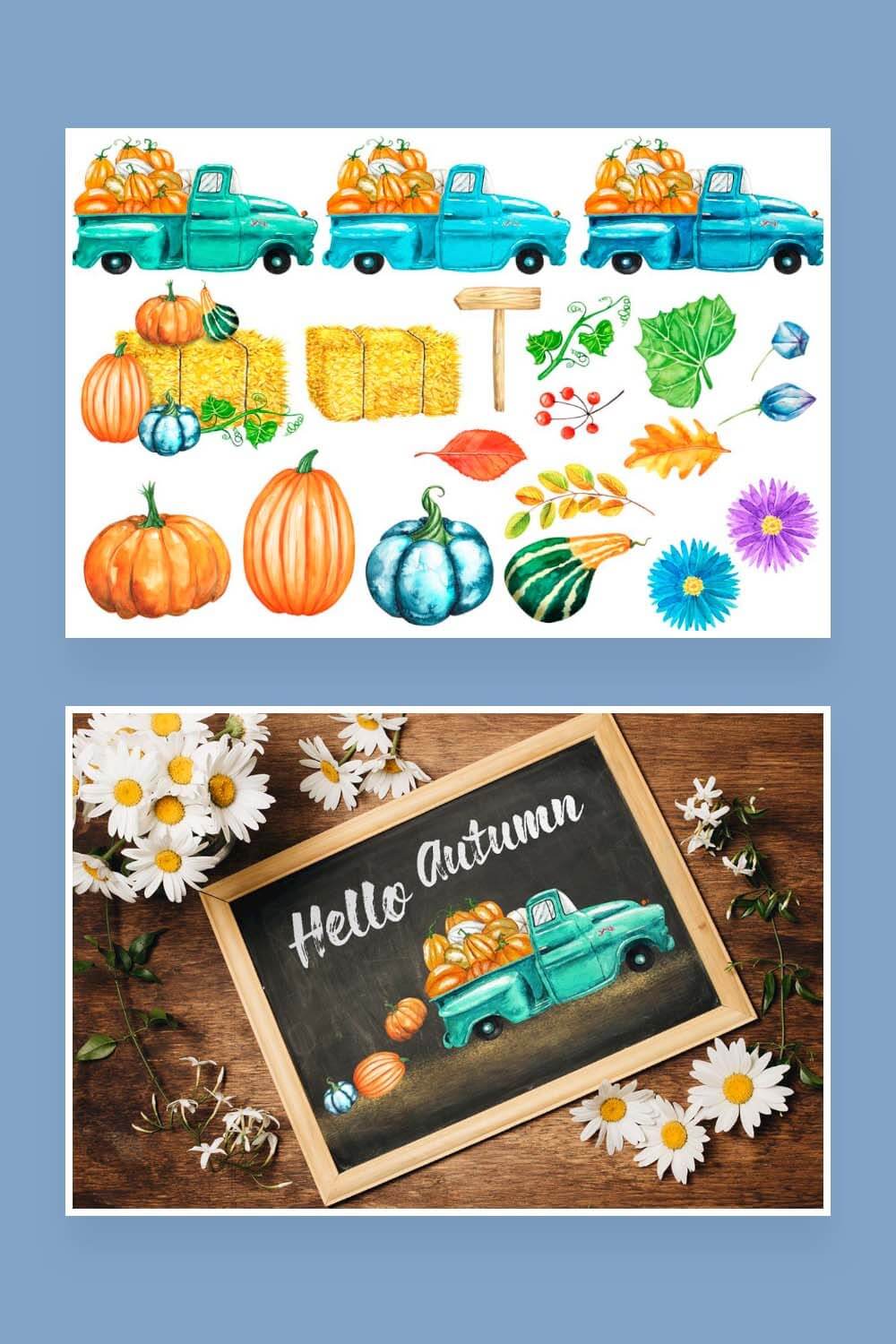 Two pictures: an autumn harvest festival with a vintage pickup truck and pumpkins, a picture with a pickup truck loaded with pumpkins.