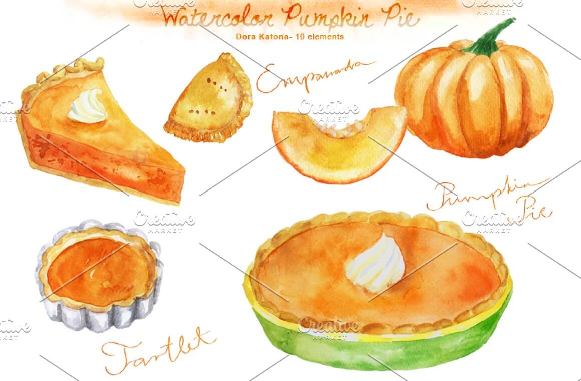 Watercolor pumpkin pie, Dora Katona - 10 elements.