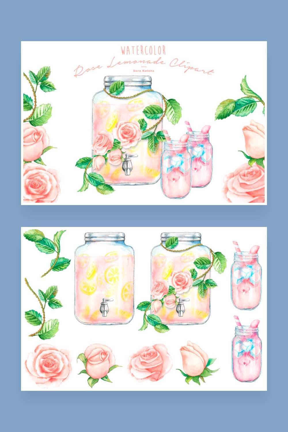 Two pictures with sets of watercolor roses on cans of lemonade.
