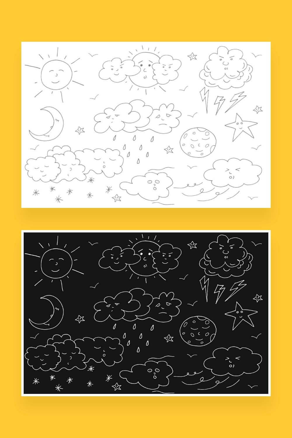 Different set of weather phenomena hand drawn doodles on a white and black background.