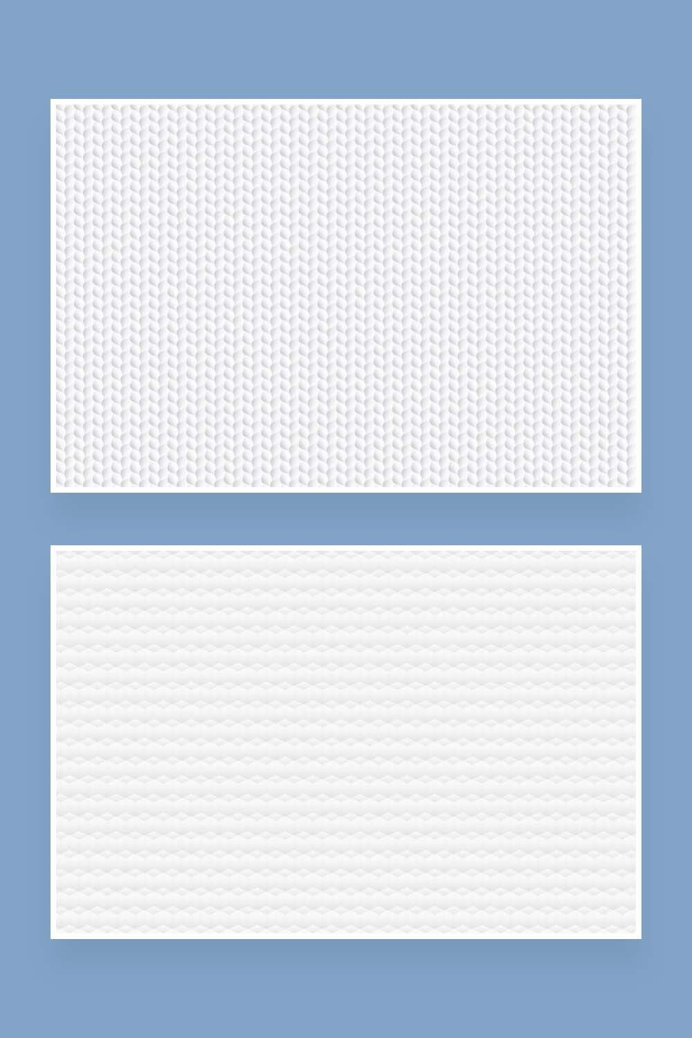 Two pictures of white seamless vector soft textures in the form of spikelets and diamond-shaped stripes.