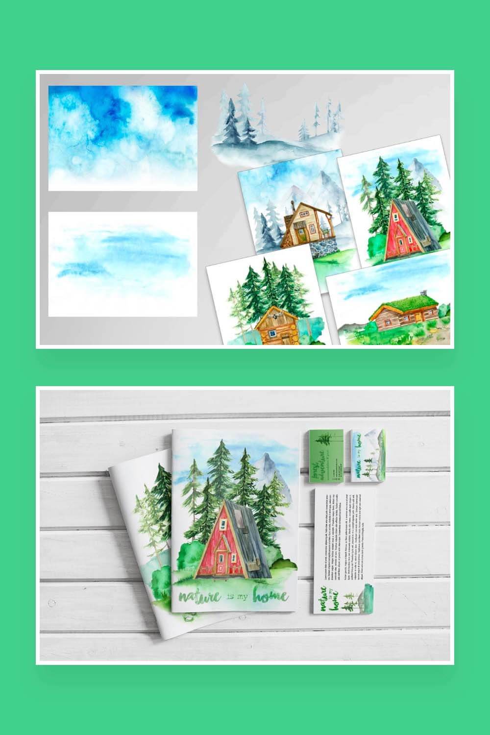 Postcards and photos with wooden houses and landscape.
