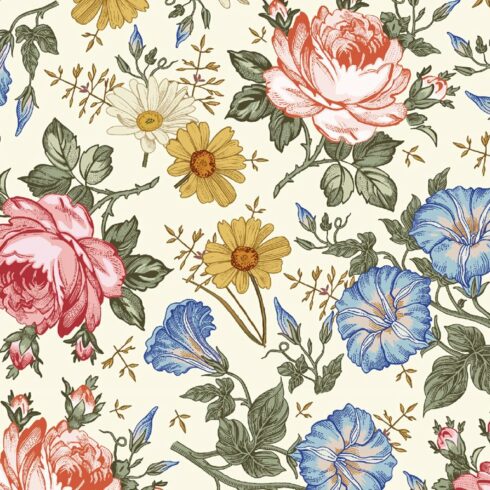 Pink, yellow and blue flowers on the print.