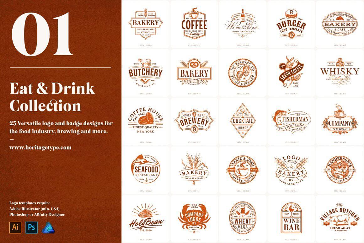 25 Versatile logo and badge designs for the food industry, brewing and more.