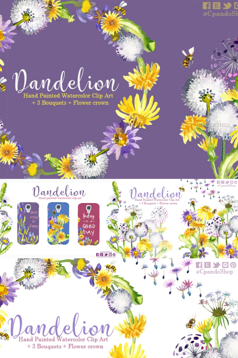 Dandelion floral watercolor clipart of pinterest.