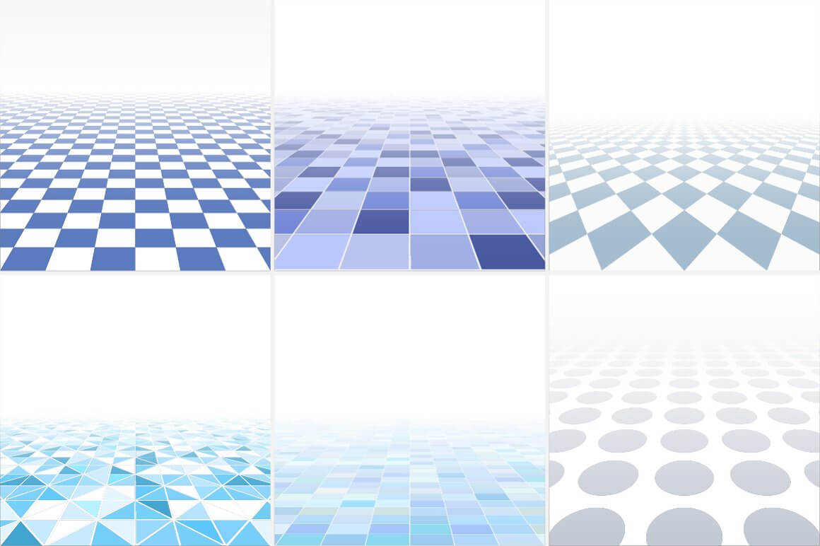 Six patterns with cubes, rhombuses, triangles abstract background with perspective.