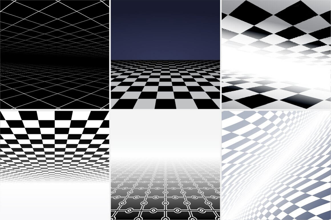 Abstract dark and light background with perspective, six patterns drawing by cells.
