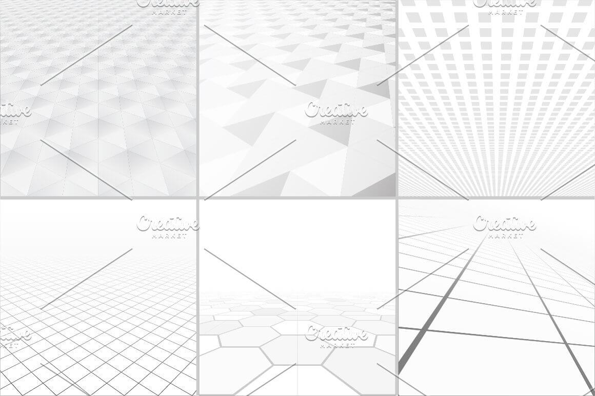 Abstract light gray background with perspective, six models of geometric shapes in one image.