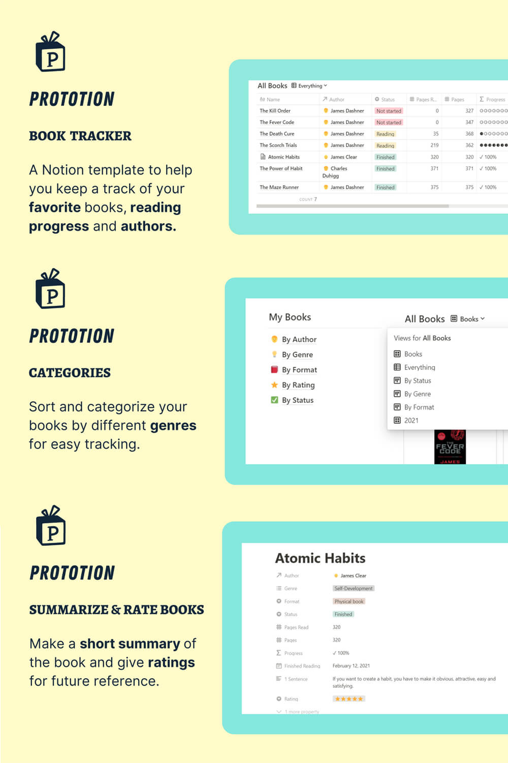 A Notion template to help you keep a track of your favorit books, reading progress and authors.