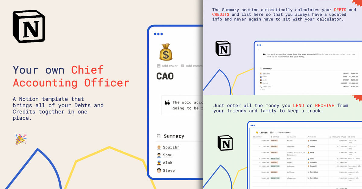 CAO for Notion, your own Chief Accounting Officer. A Notion template that brings all of your Debts and Credits together in one place.