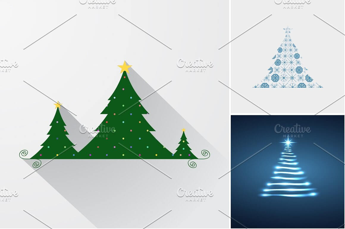Collection of Christmas trees on a gray and blue background.