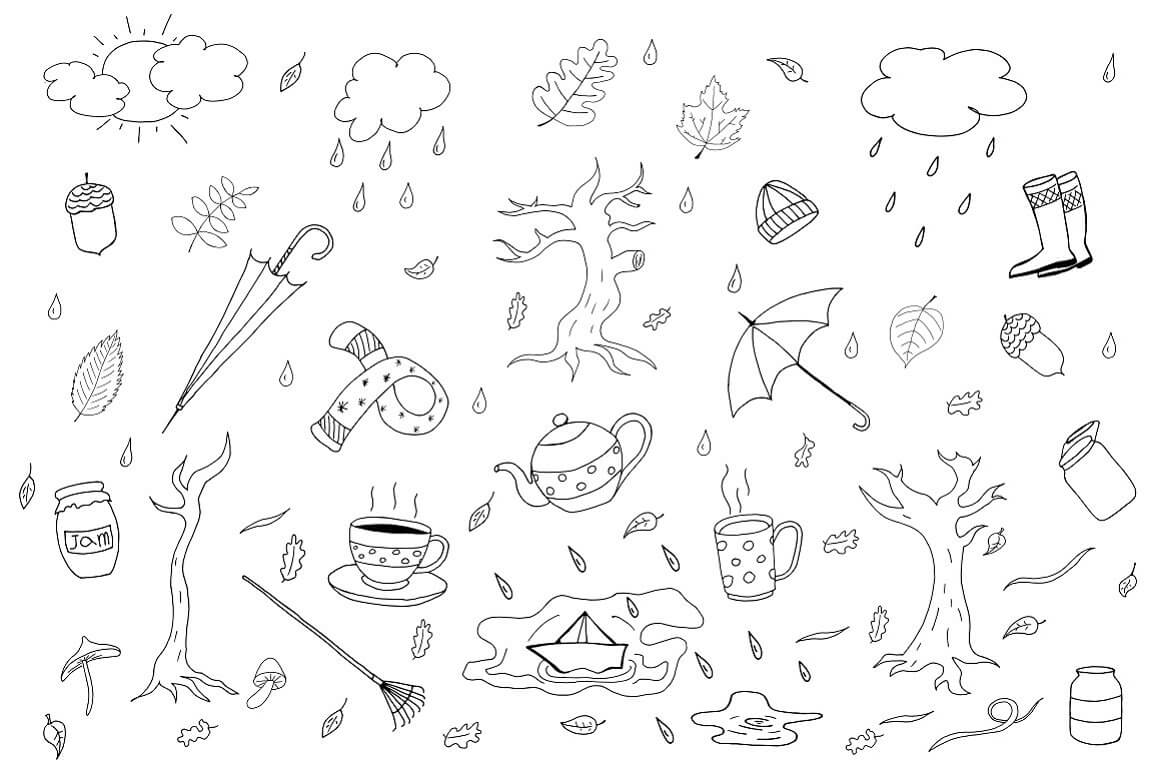 Many doodle autumn set.