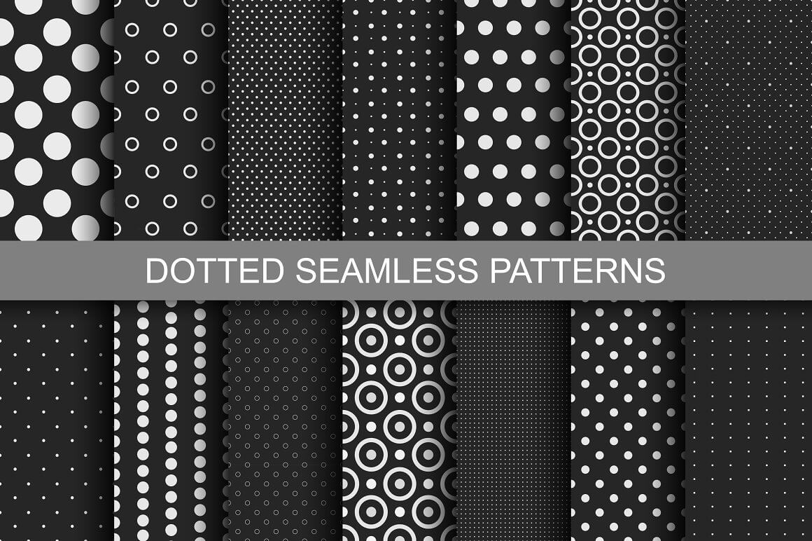 Fourteen types of dotted seamless patterns with title.