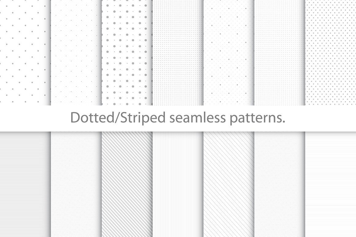 Presentation of all seamless patterns with dots and stripes.