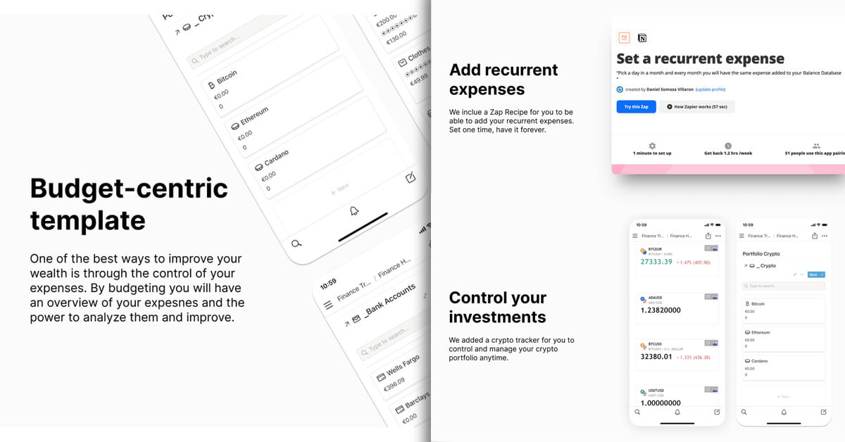 Finance crypto tracker: Budget-centric template, Add recurrent expenses, Control your investments.