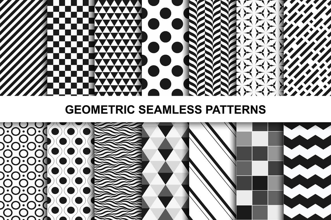 Tiled examples with different seamless geometric patterns in two rows.