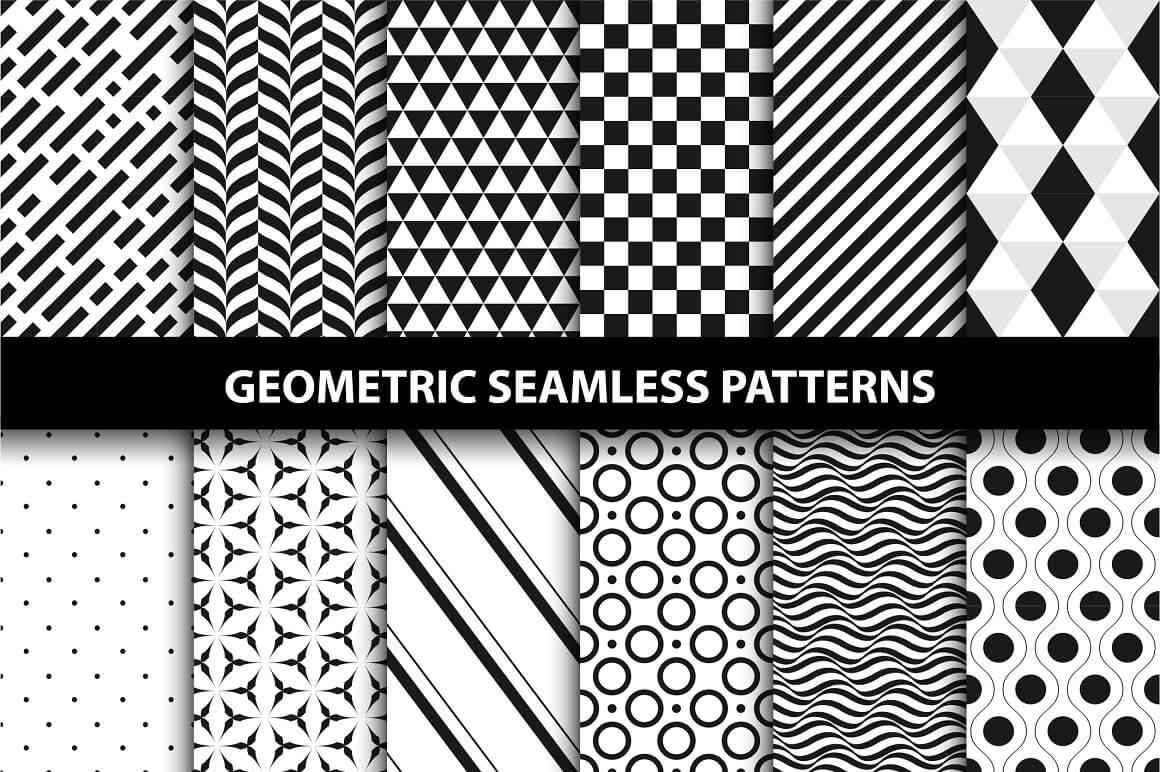 Black and white geometric seamless pattern, twelve types.