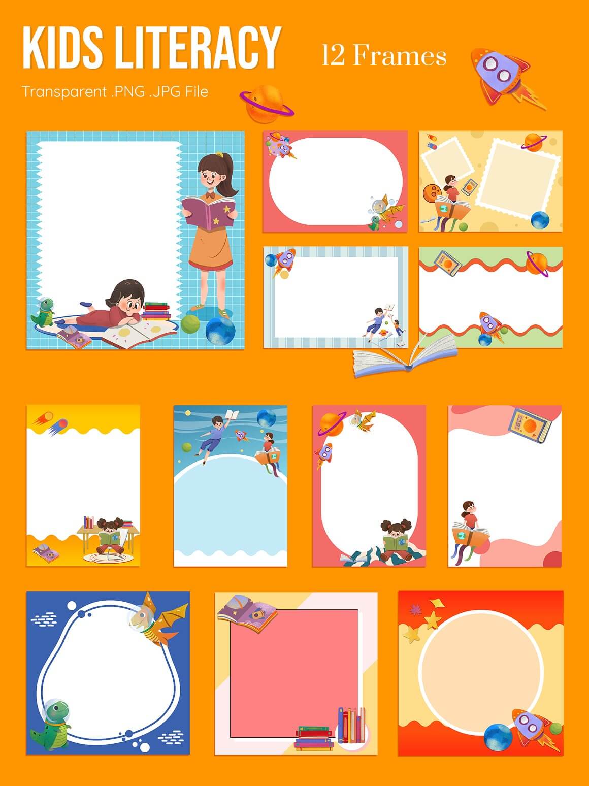 12 frames of kids literacy in various colors.