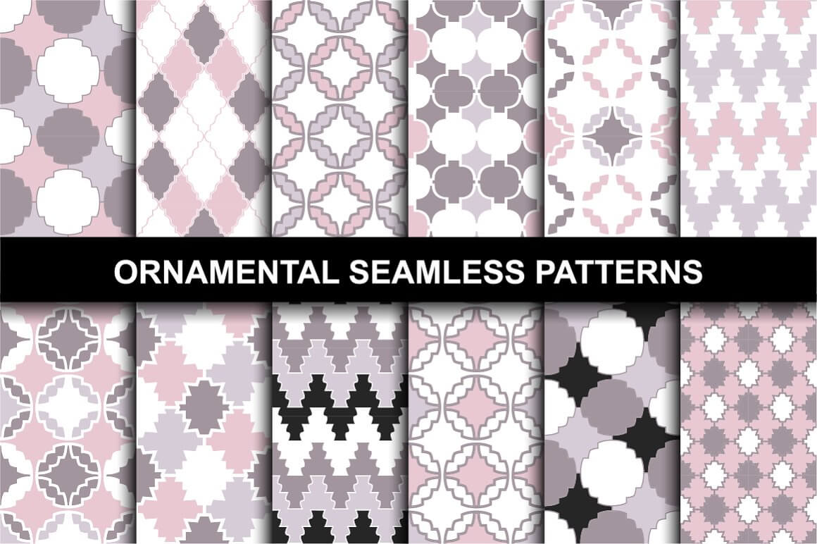 Twelve ornamental seamless patterns.