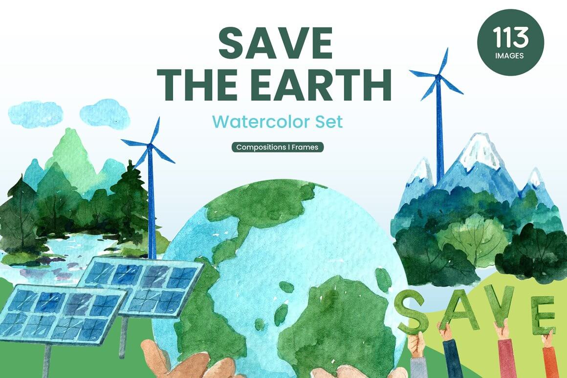 Save The Earth Watercolor Set, Compositions I Frames.
