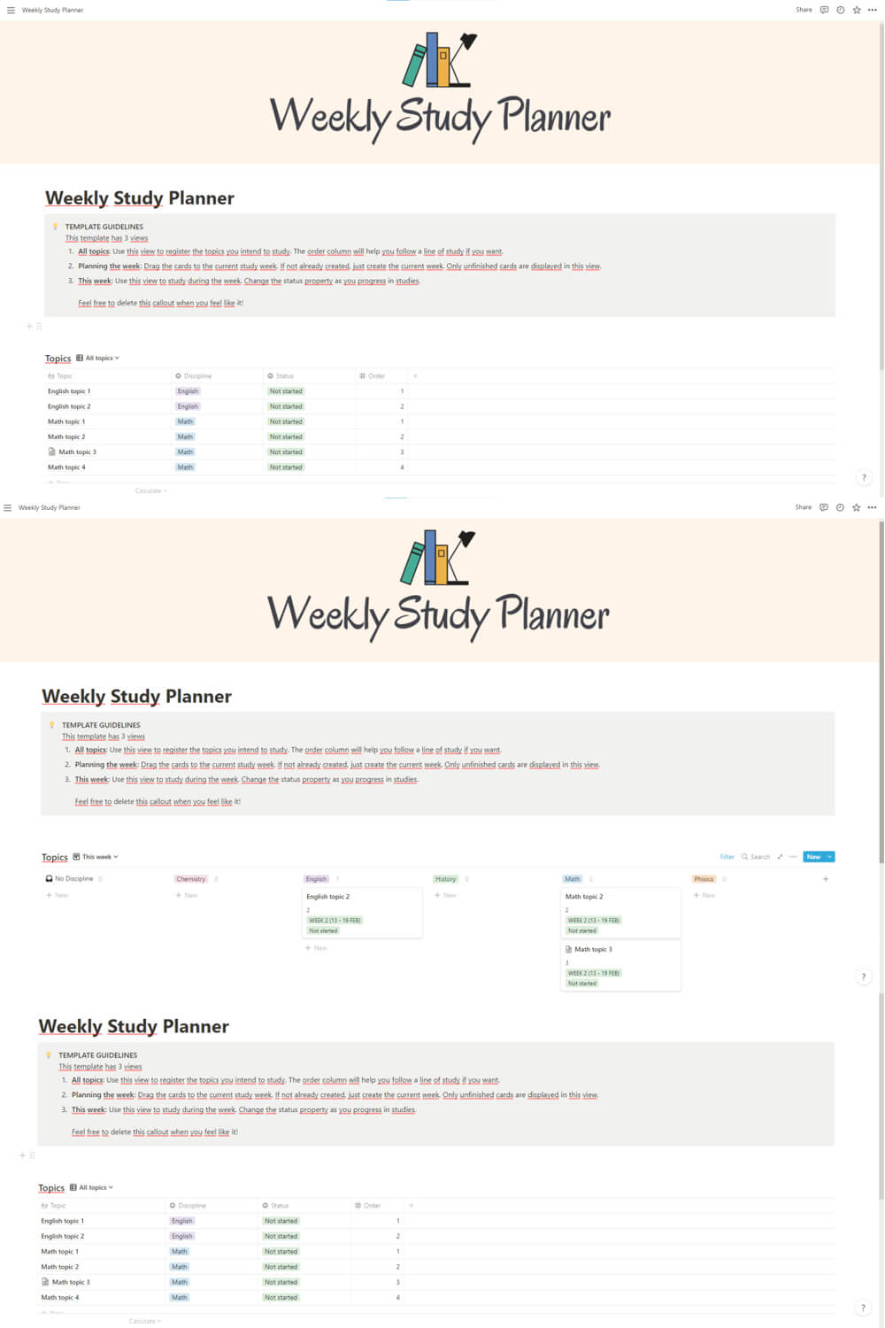 Collage of images of task planner template pages with beige background.
