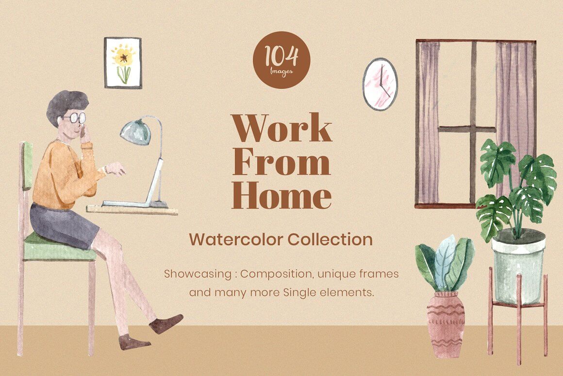 104 Images, Work from Home, Watercolor Collection.