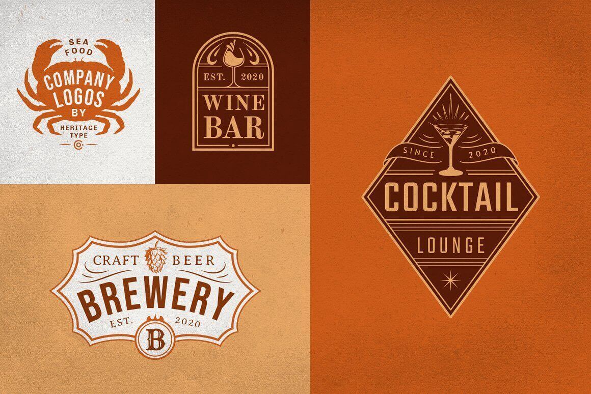 See food company logos, wine bar, cocktail lounge and craft beer Brewery on the white, orange, beige, dark red backgraund.