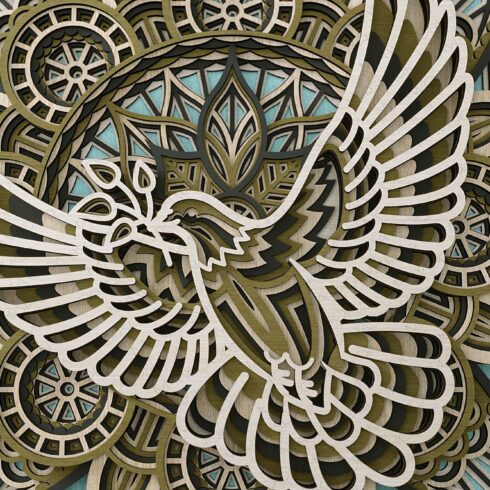 Close-up depicts a 3D object with different patterns and a bird in the middle.