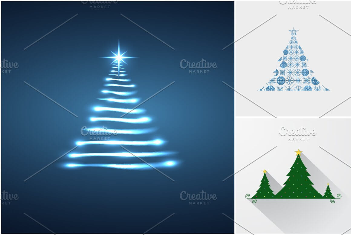 A collection of Christmas trees, a large picture on a dark blue background and two on a gray background.