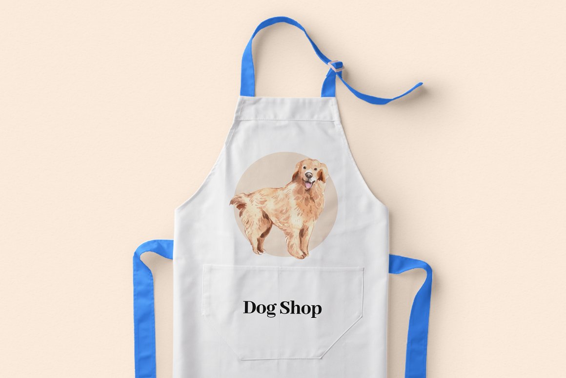 Print on apron with dogs.