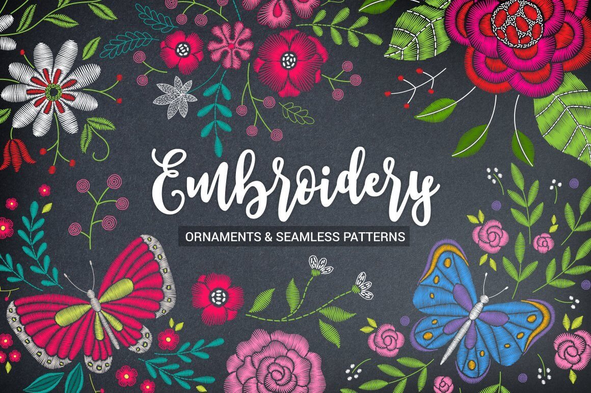 Embroideries include ornaments and seamless patterns.