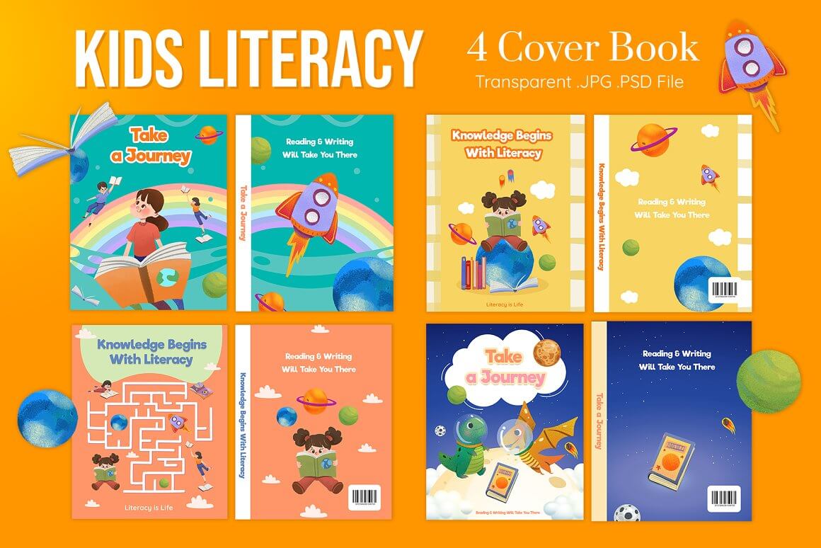 4 cover book of kids literacy on the orange background.
