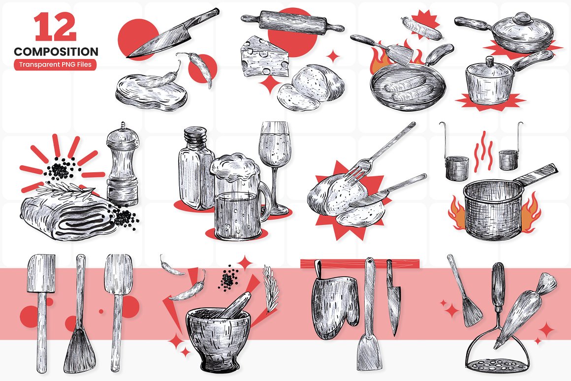 Various frying pans for background.