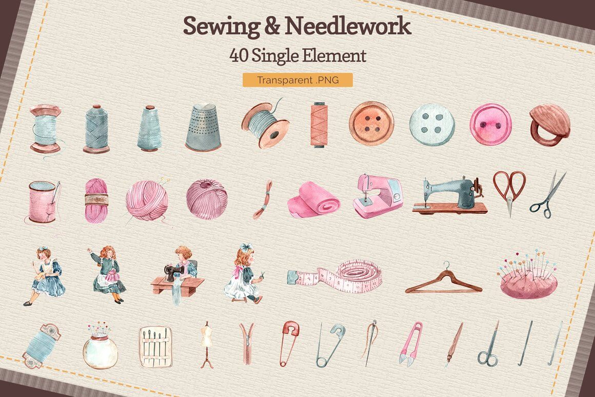 40 elements for needlework and sewing.