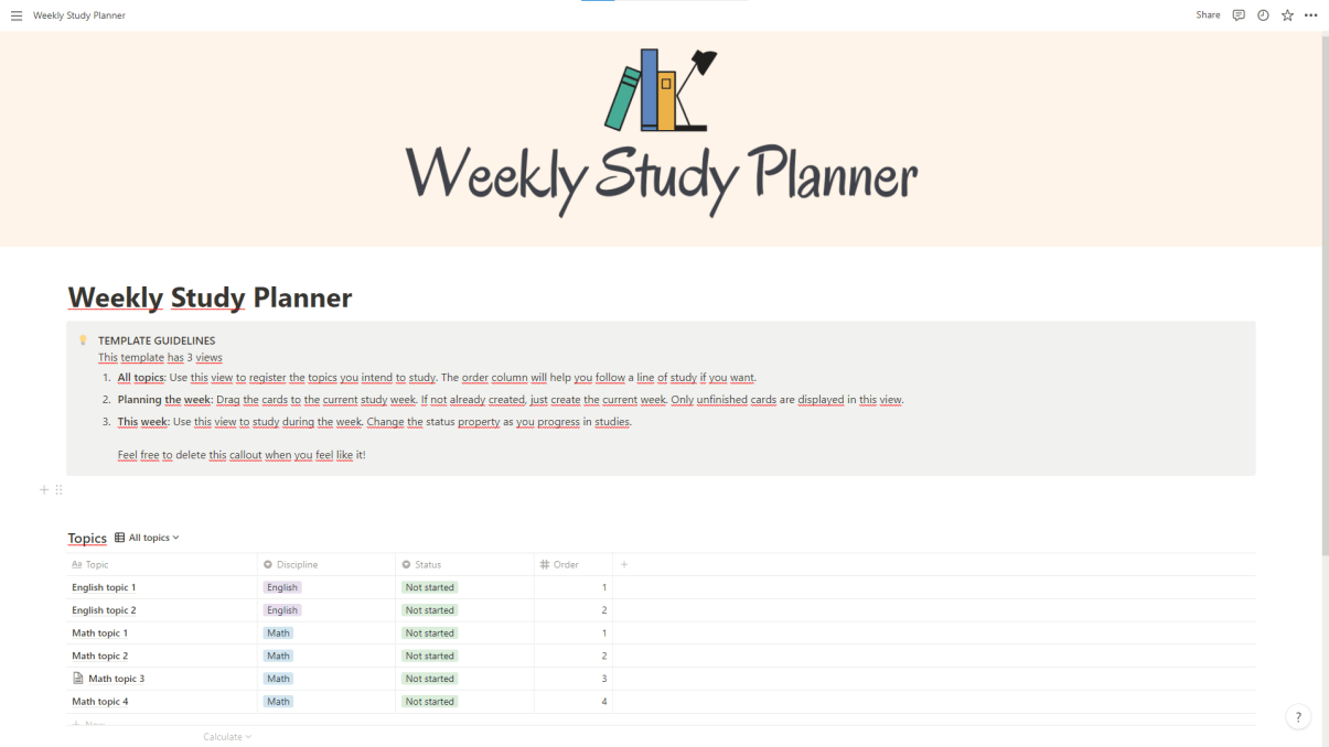 Inscription: Weekly Study Planner, Template Guidelines.