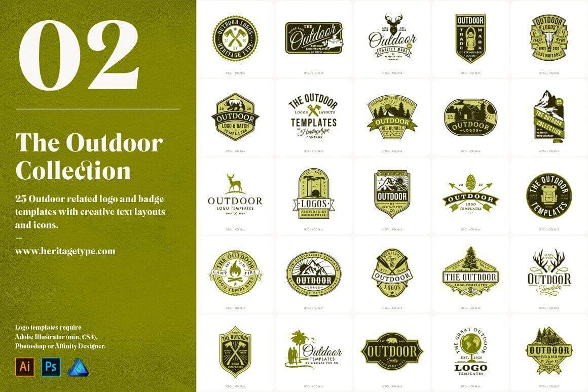The outdoor collection related logo and badge templates with creative text layouts and icons.