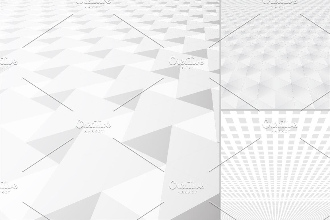 Abstract gray background with perspective, three square, triangular, rhomboid pattern shapes.