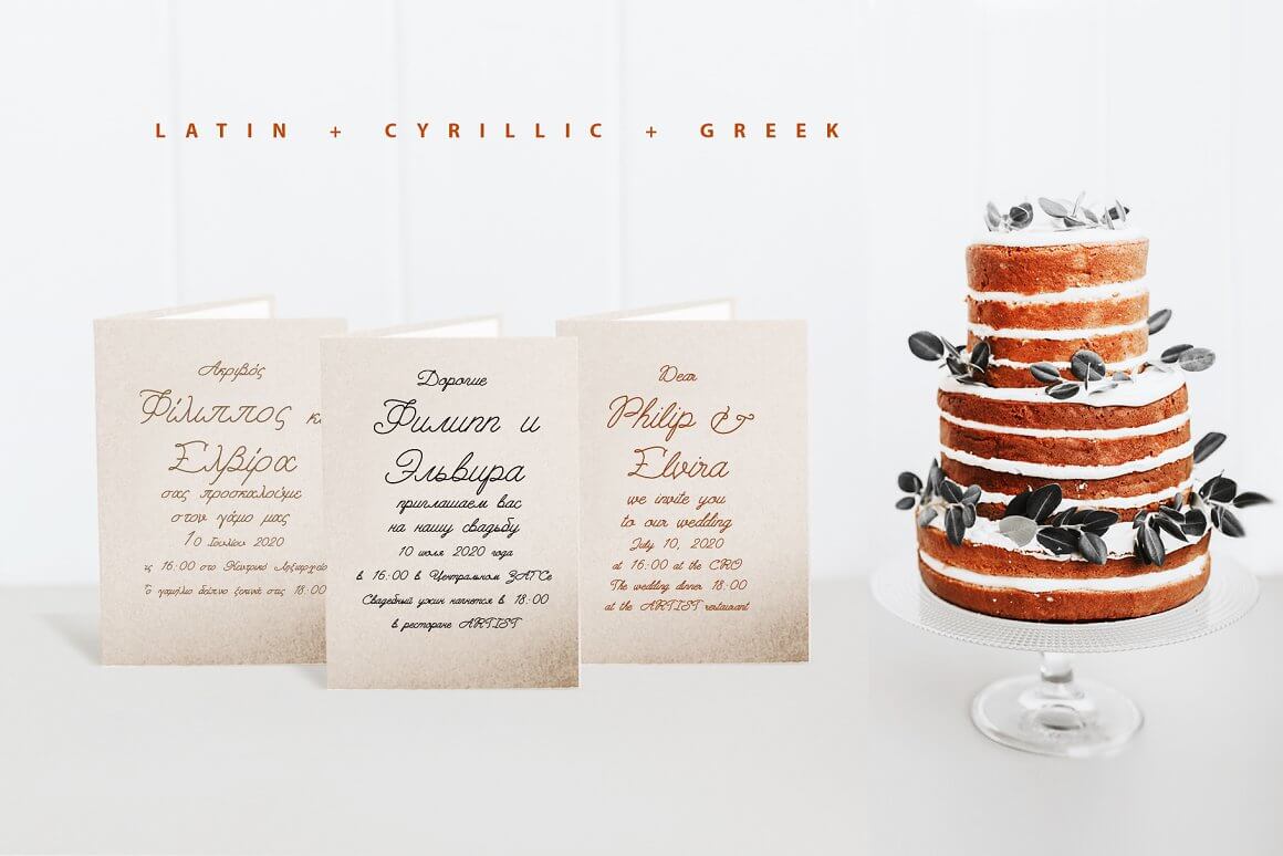 Wedding invitations and cake.