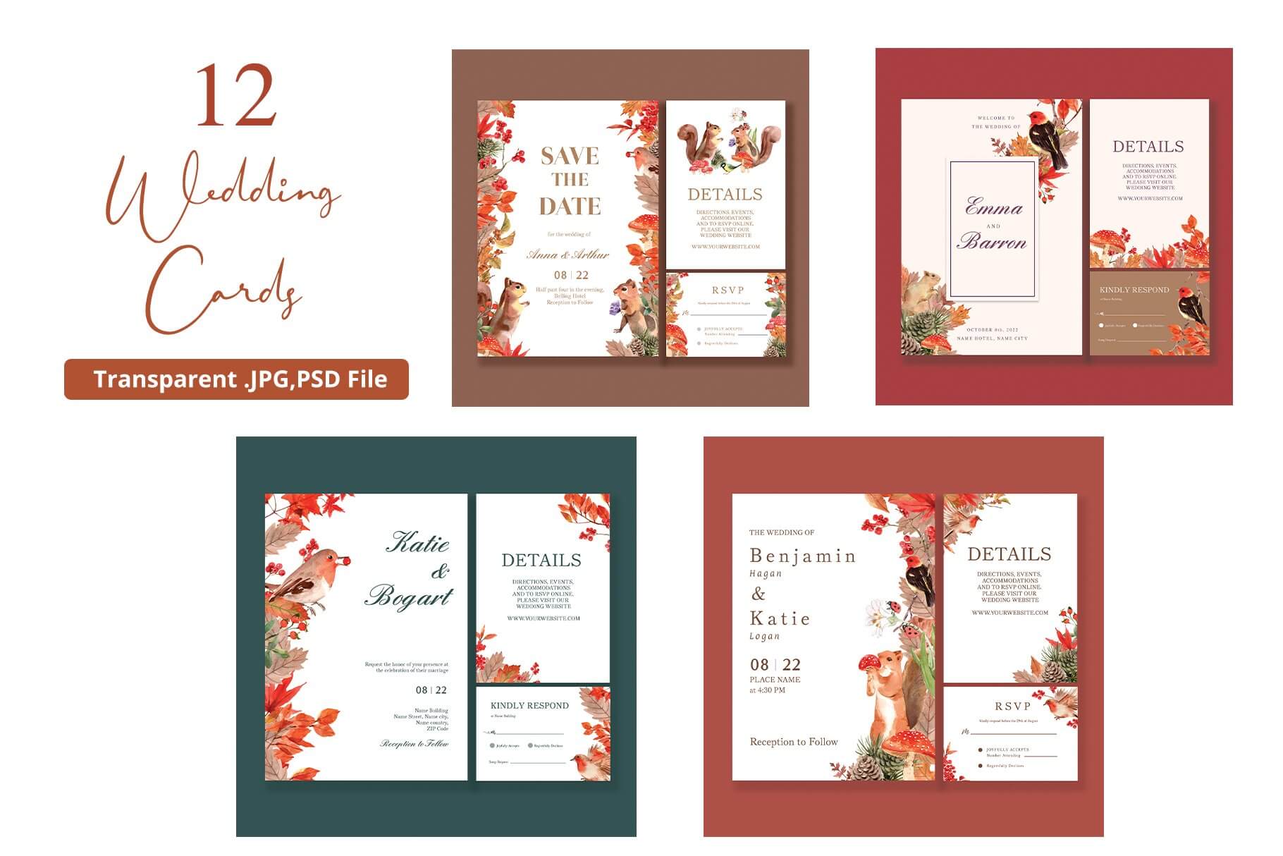 12 wedding cards with autumn design.