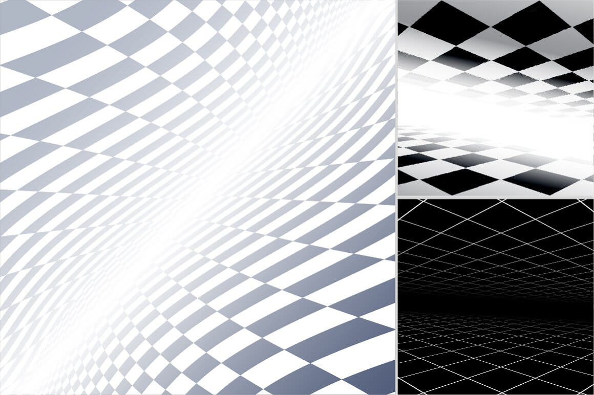 Abstract black and white background with perspective, checkered pattern.