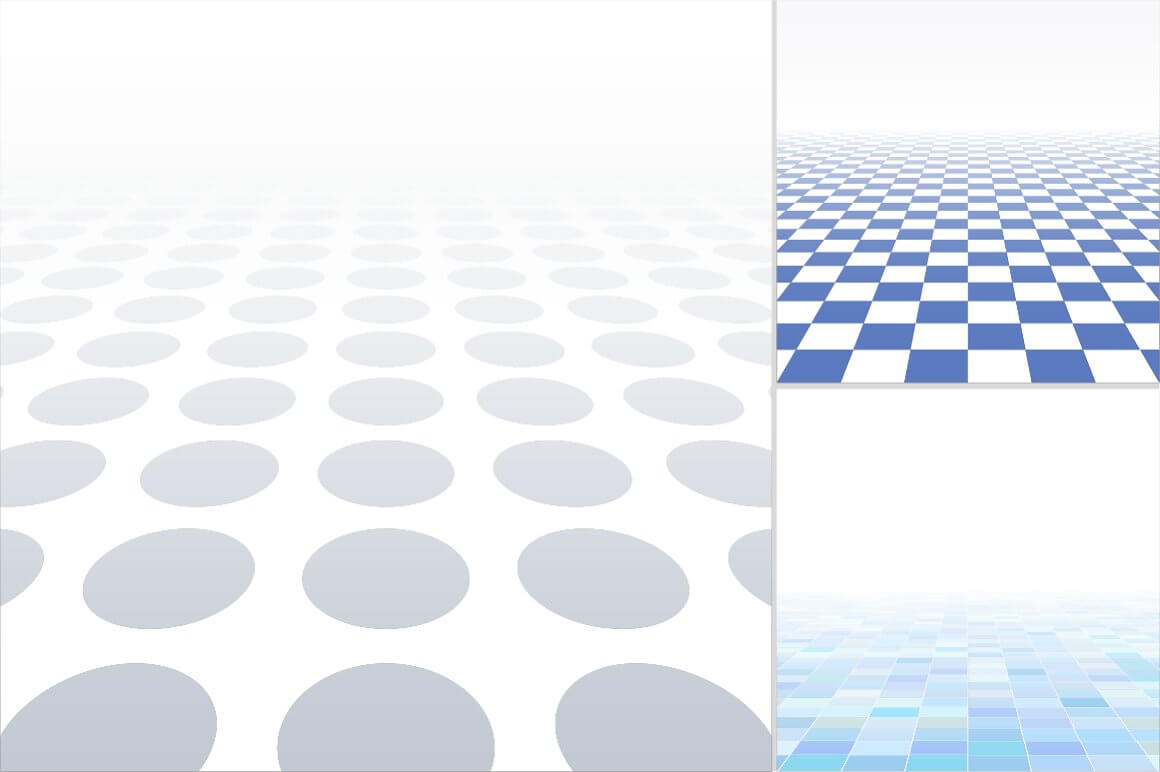 Three patterns with gray circles and blue chess abstract background with perspective.