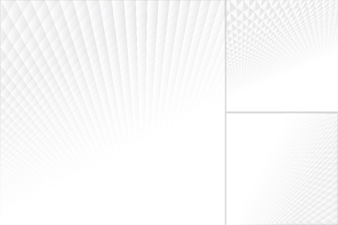 Three pictures with examples of three white abstract backgrounds in the form of rectangular, square and triangular patterns.