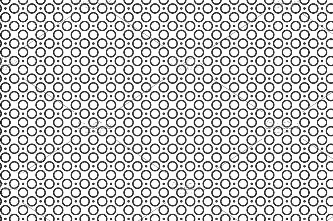 Seamless dotted patterns, black circles with voids and dots on a white background.