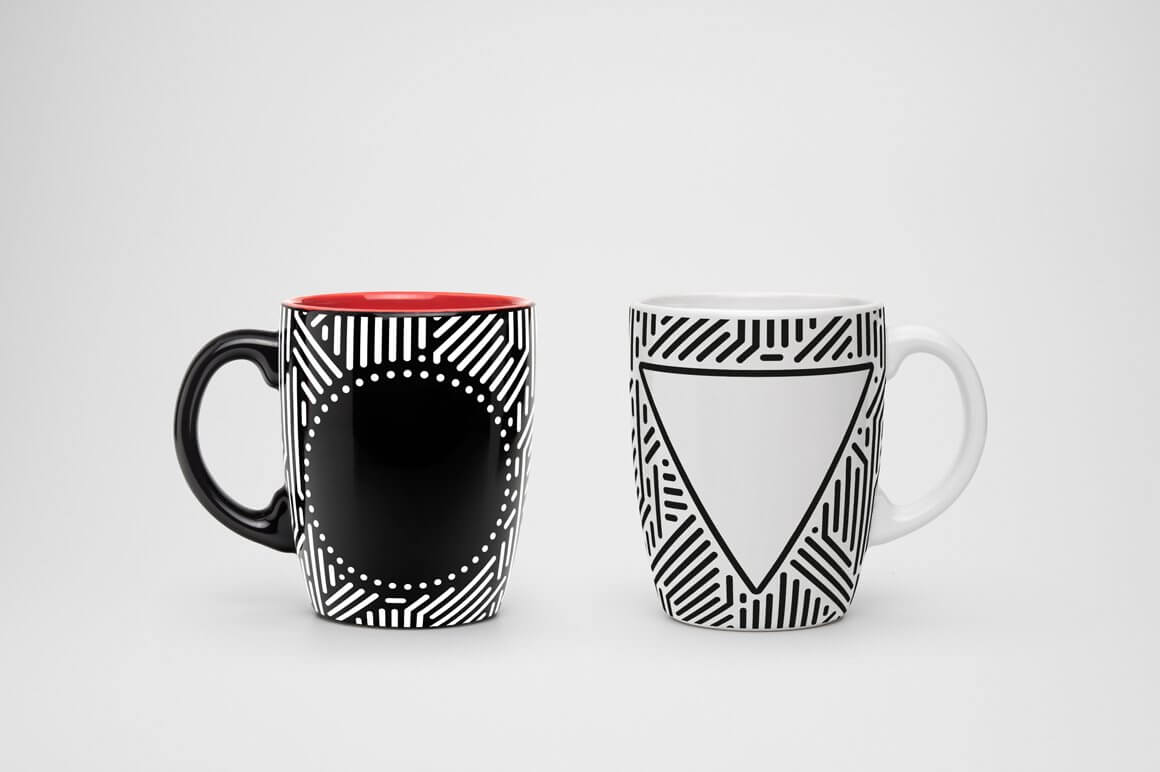 A triangle with a solid black line on a white cup and a circle with dots on a black cup.