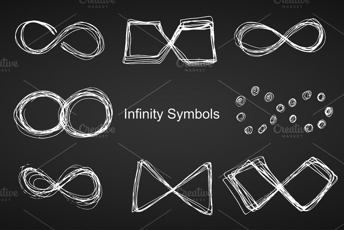 White drawings of infinity on black.