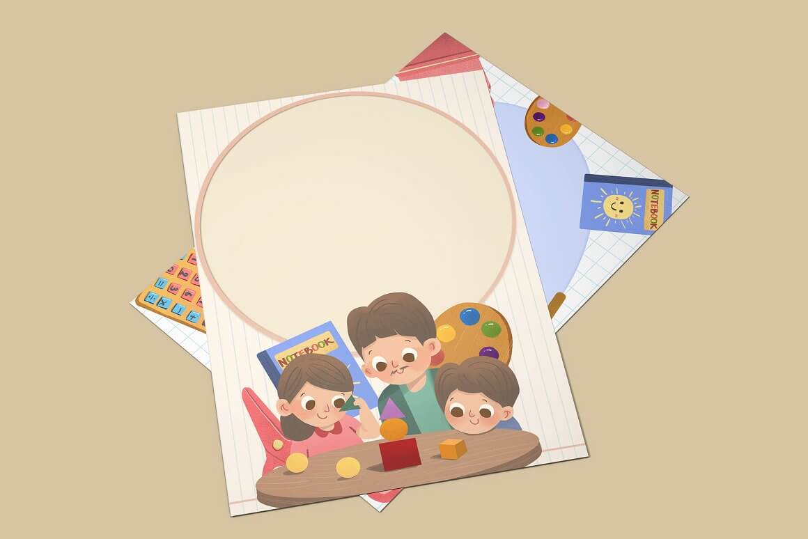 Cards with pictures from a happy school life, when a father teaches kids what geometric shapes are.