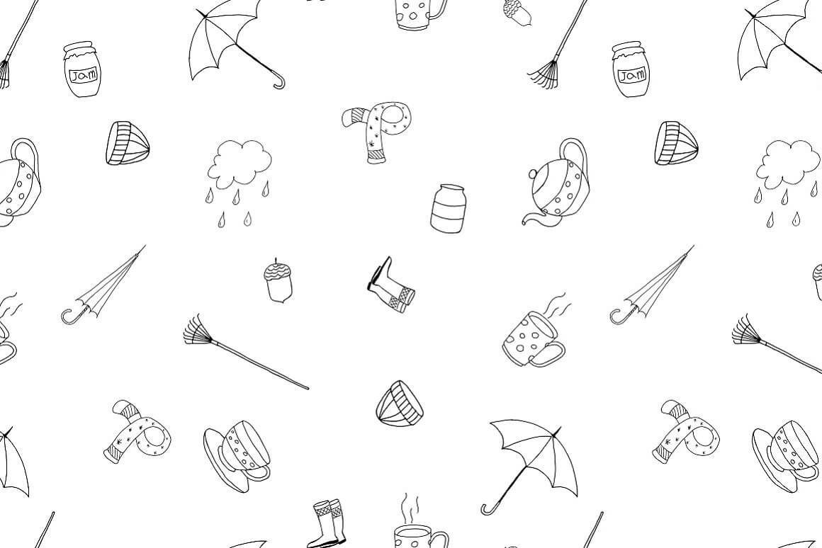 Autumn seamless pattern: umbrellas, hats, rakes, scarves, rubber boots, jam, a cup of tea.