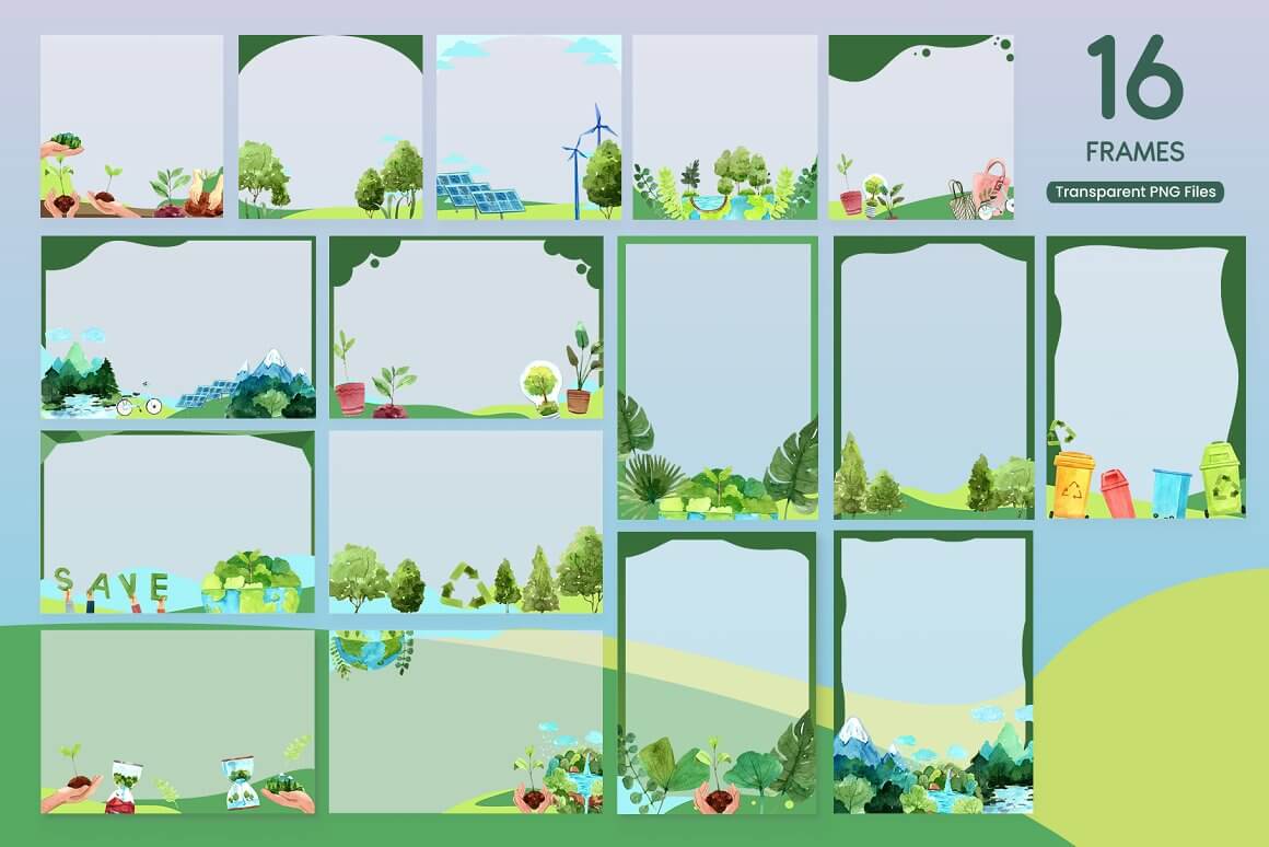 16 frames with transparent PNG files about saving the Earth.