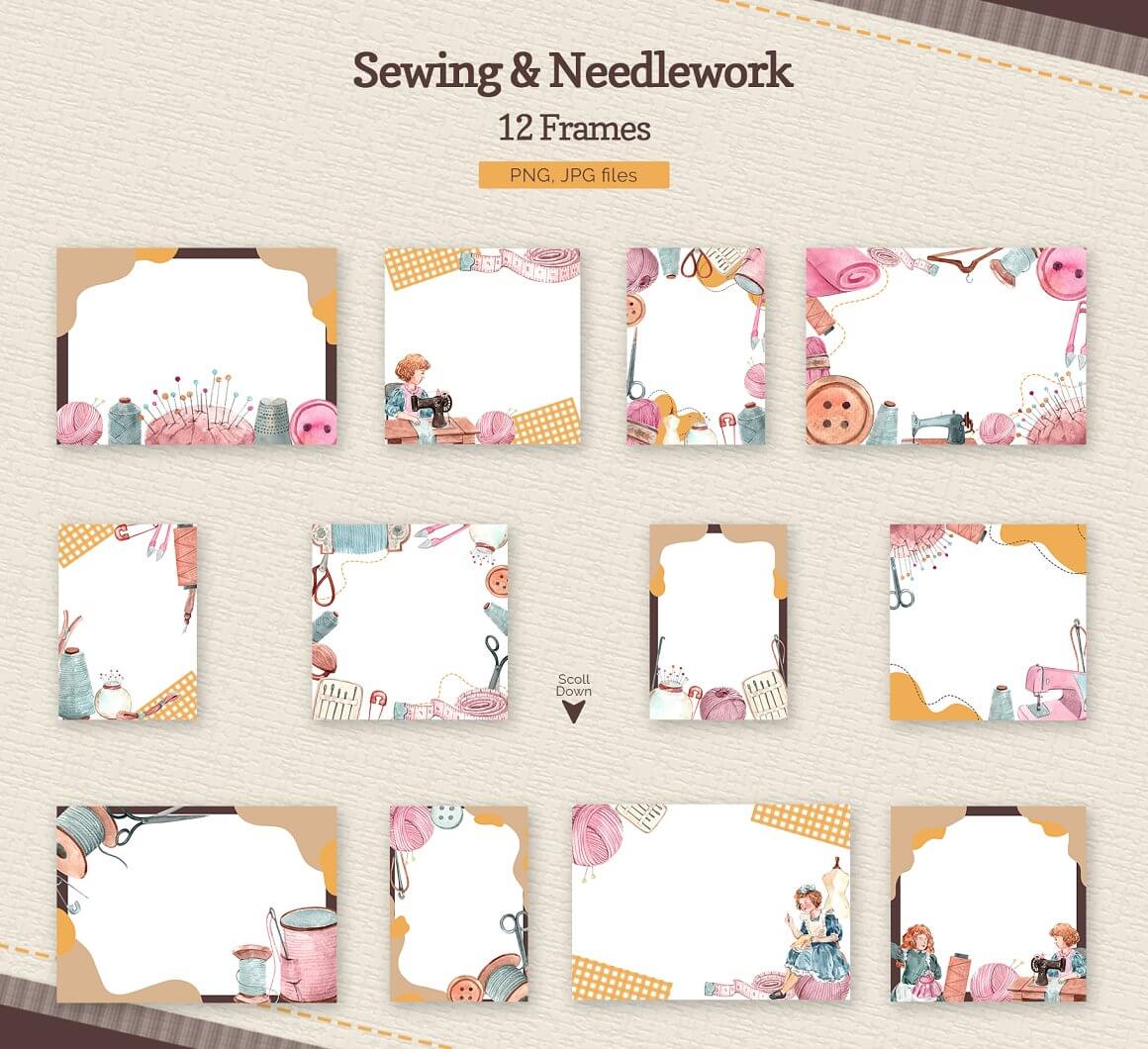 12 frames with frames for sewing elements.
